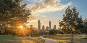 The Charlotte NC skyline, referencing the specifics of how buildings in the Queen City are different and how that might impact the timeline for replacing a toilet here.