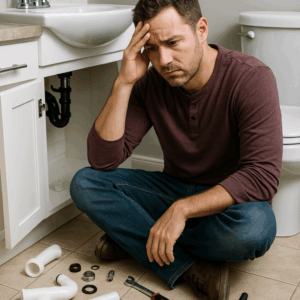 A frustrated Charlotte homeowner sits in a bathroom surrounded by disconnected pipes and tools, unsure how to fix a plumbing issue.