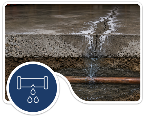 Pipe leak services, showcasing efflorescence seeping from the leak on the concrete