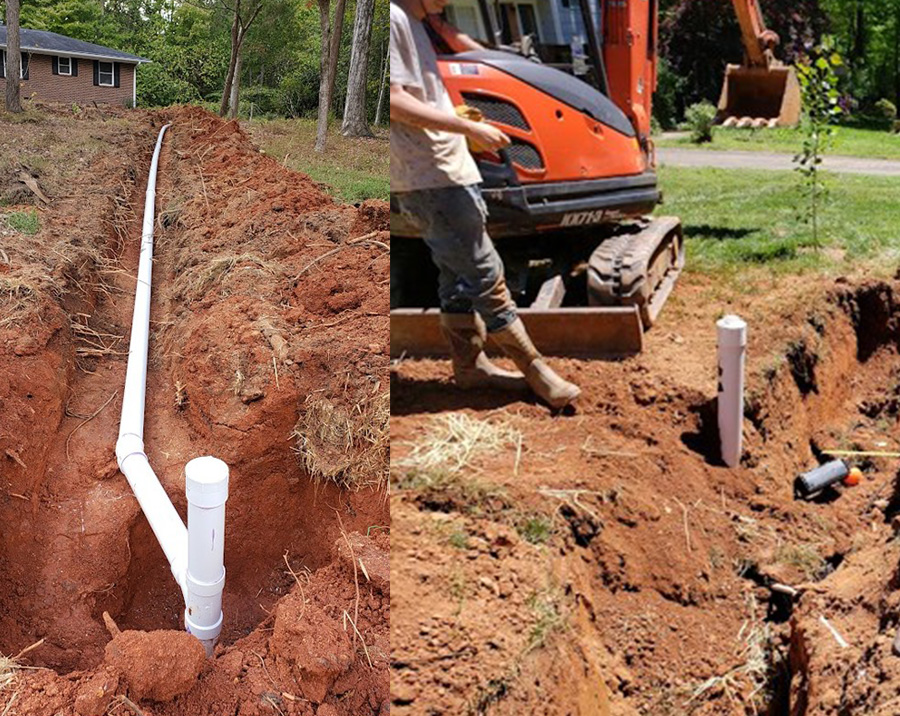 Sewer line repair trench with exposed underground pipe by Pathmaker Plumbing in Charlotte, NC.