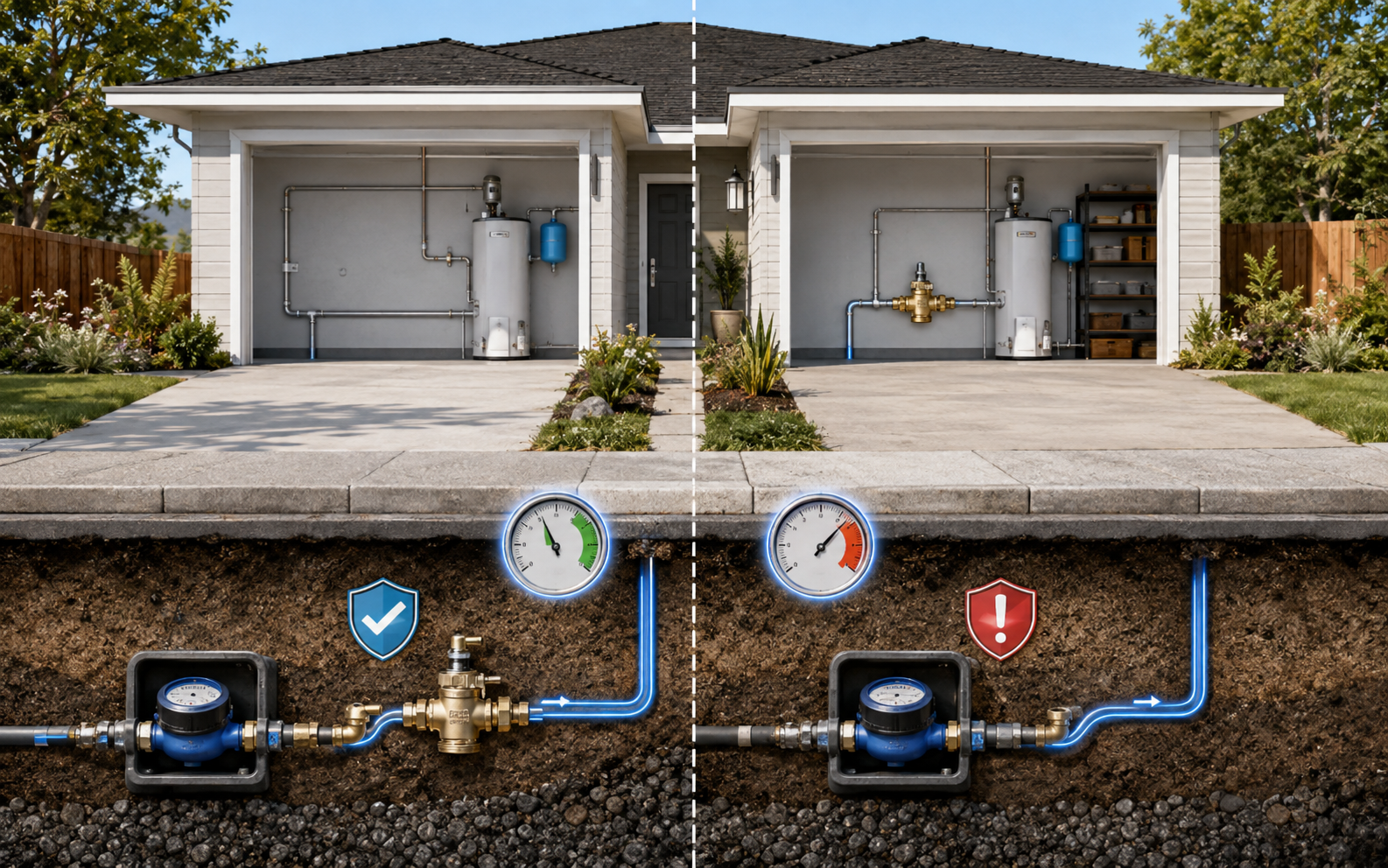 Comparison of a pressure reducing valve installed near the water meter versus inside the garage
