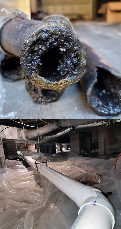 concord-corroded-pipes-historic-homes-plumbing Corroded and clogged plumbing pipes removed from an older Concord, NC home