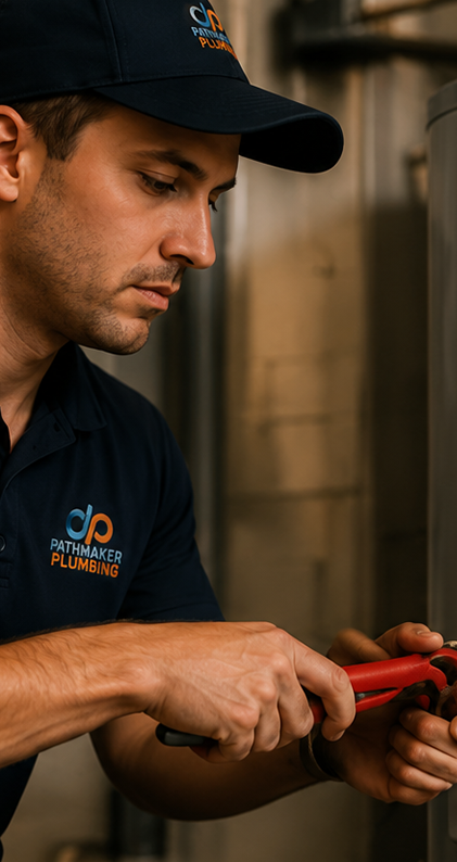 Pathmaker Plumbing technician repairing a water heater leak in Highland Creek