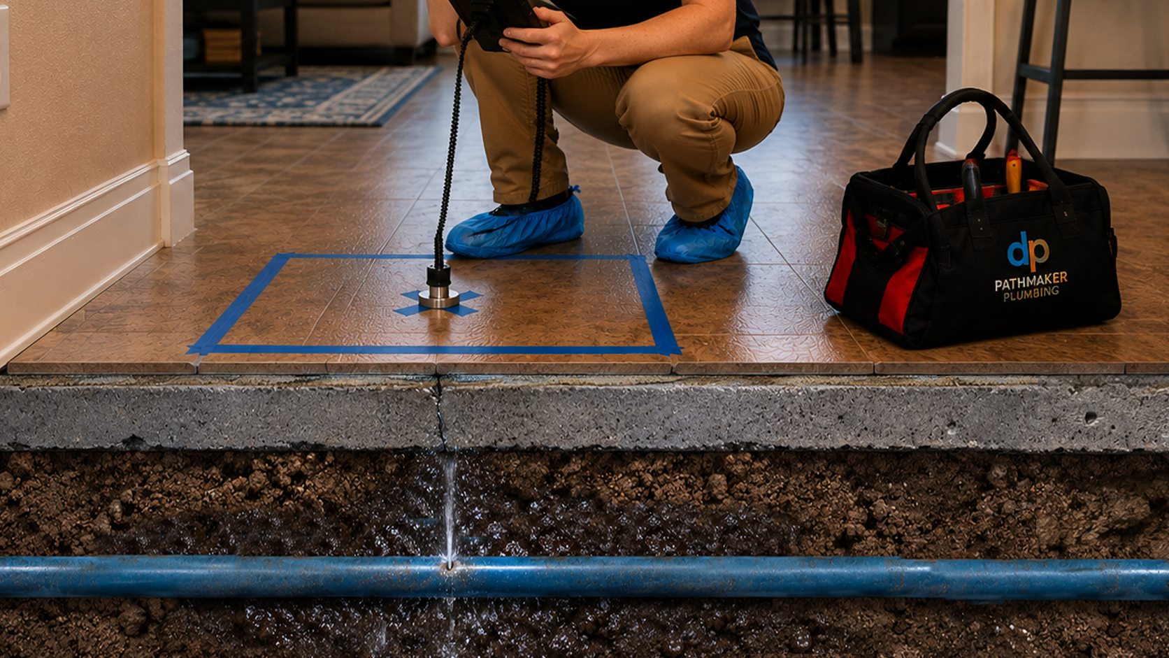 Pathmaker Plumbing technician using acoustic leak detection equipment to locate a water leak beneath a concrete slab.